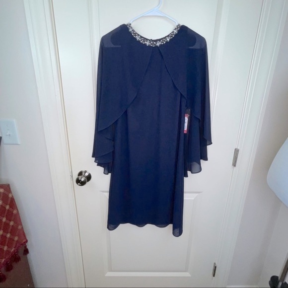 Vince Camuto Chiffon Cape Back Shift Dress NAVY 2 - Picture 3 of 17